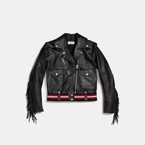 Coach 1941 Women’s XS/2 Black 100% Calf Leather Biker Moto Jacket Striped Fringe